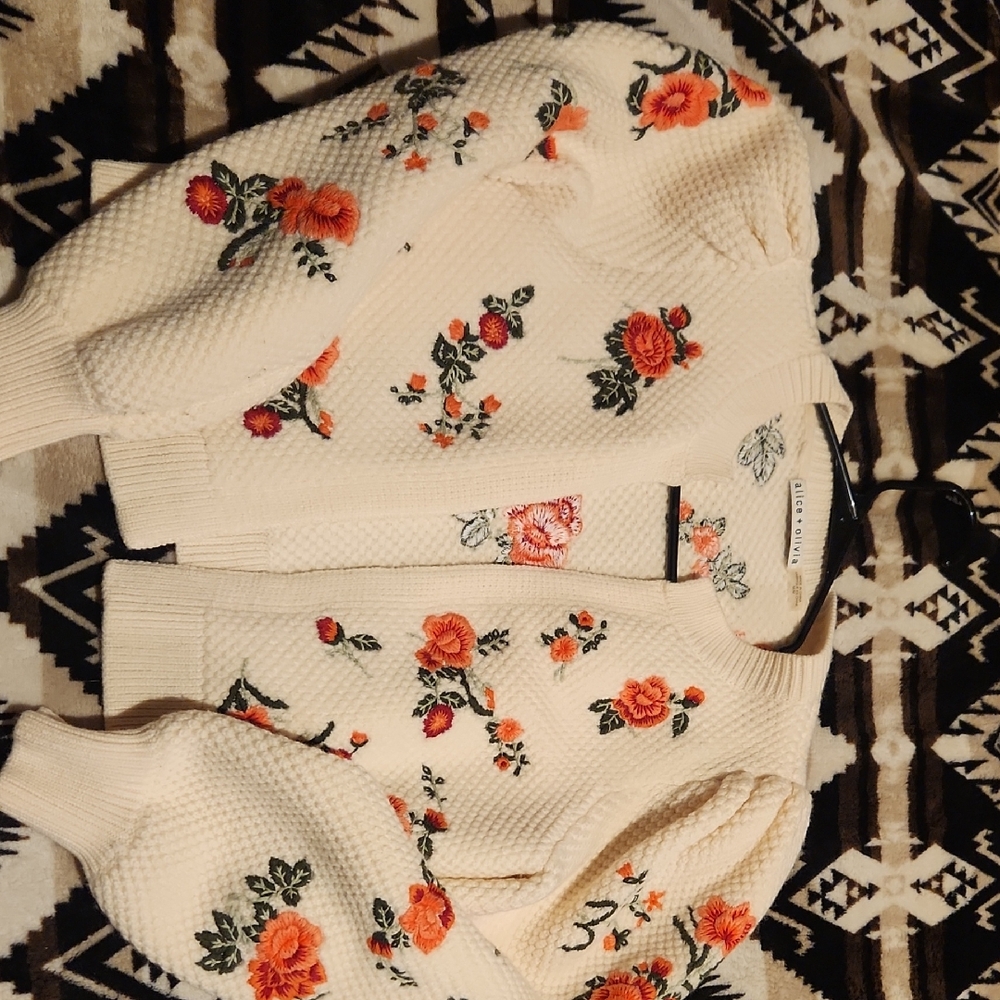 Alice + Olivia Cream Sweater with Orange and Red Floral Design